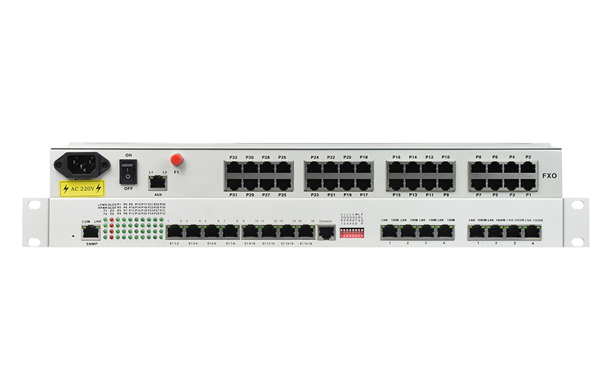 飛暢科技-32路電話+16E1+4FE+4GE+2路數(shù)據(jù)+SNMP+console（19英寸，物理隔離）電話光端機(jī)